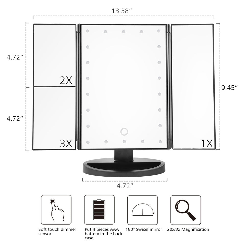 Smart 22' Foldable Triple-Panel LED Makeup Mirror